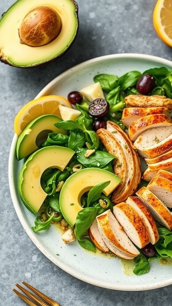 A colorful Citrus Avocado Chicken Salad featuring grilled chicken, fresh greens, and sliced avocado.