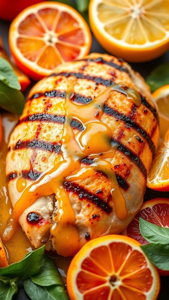 Citrus glazed grilled turkey breast with orange and lemon slices