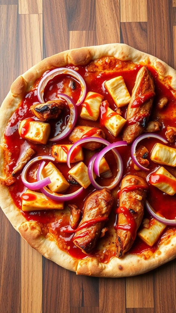 Classic BBQ Chicken Pizza with pineapple and red onions on a thin crust