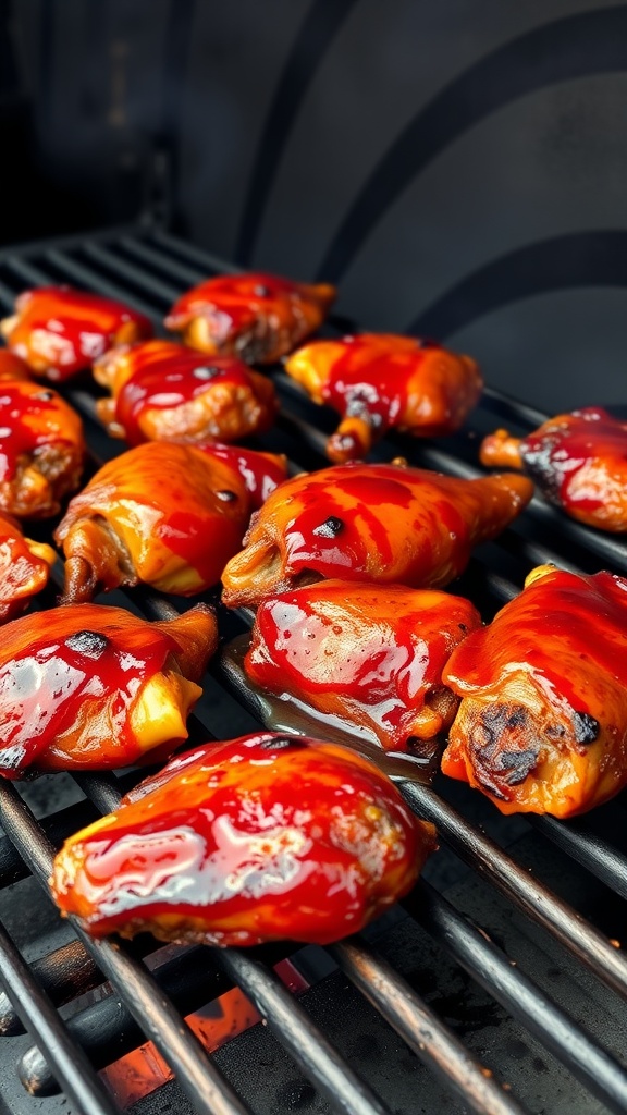 BBQ chicken thighs grilling on a barbecue