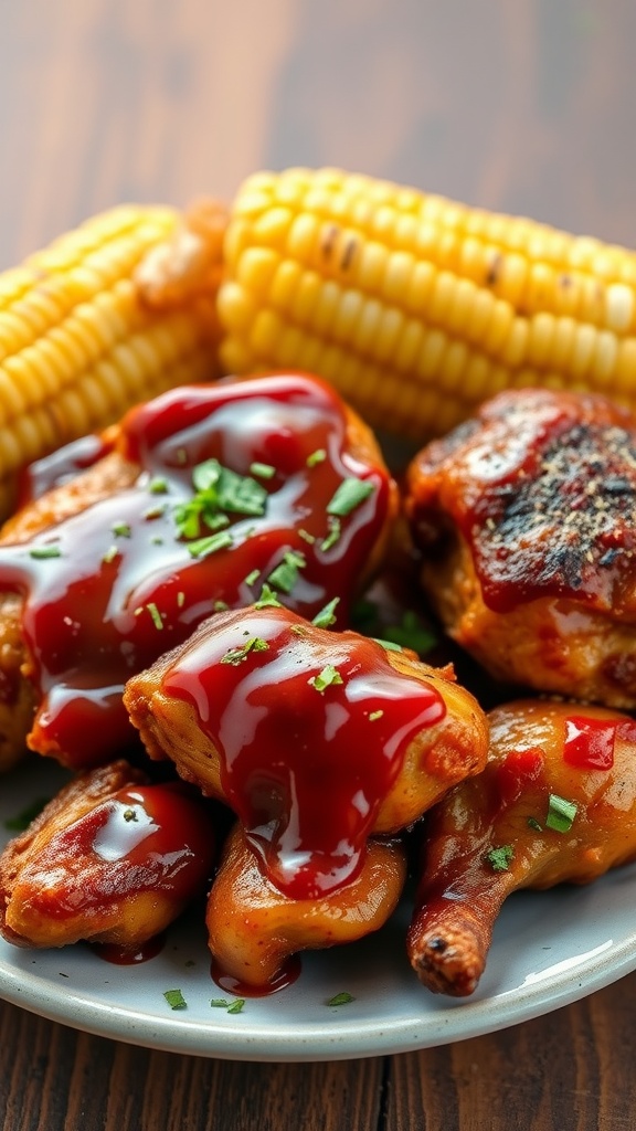 Juicy BBQ chicken with sauce and corn on a plate