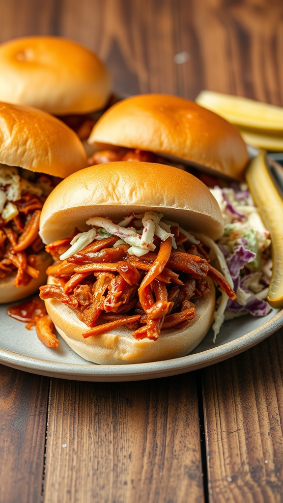 Delicious classic BBQ pulled chicken sandwiches served with coleslaw and pickles.