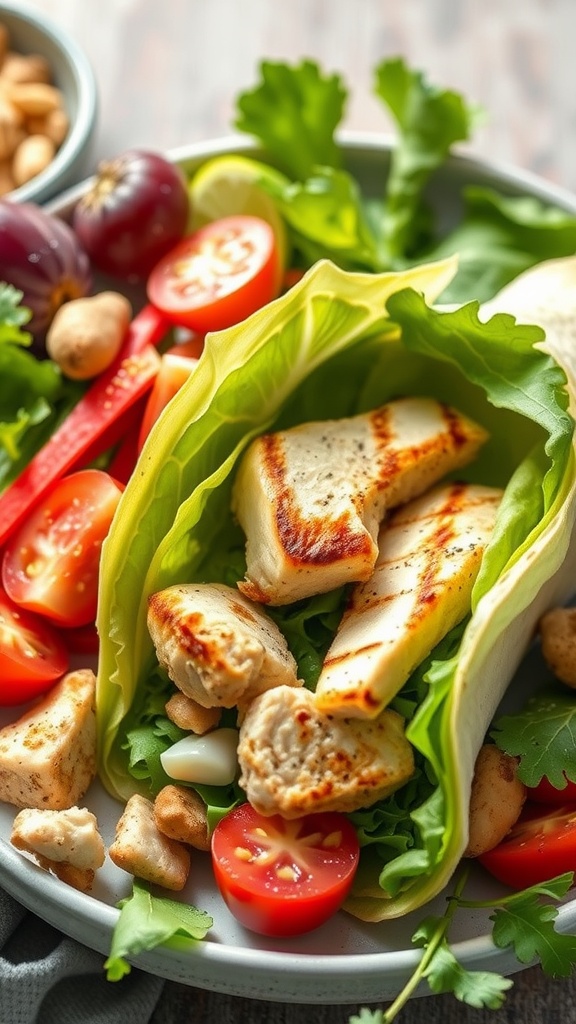 A delicious Caesar chicken salad wrap with lettuce, grilled chicken, and croutons.