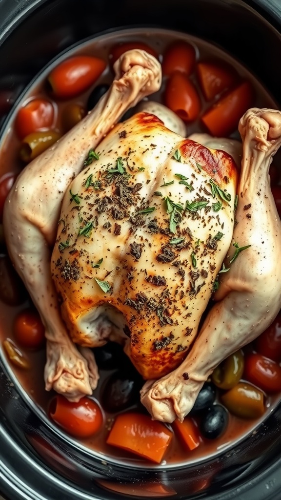 A whole chicken seasoned with Italian herbs, resting on cherry tomatoes and rosemary in a slow cooker.