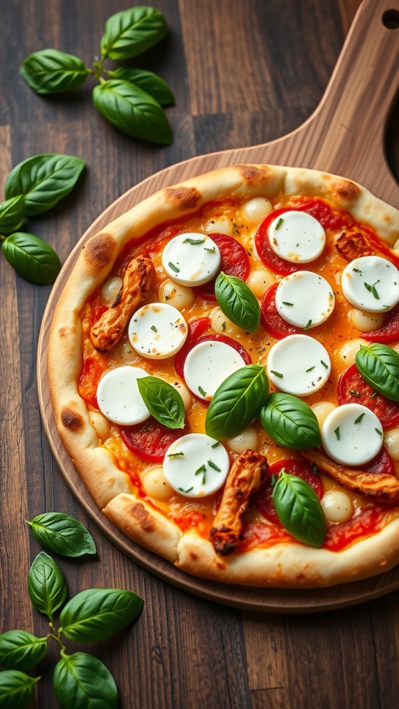 A delicious homemade Classic Margherita pizza topped with grilled chicken and fresh basil.