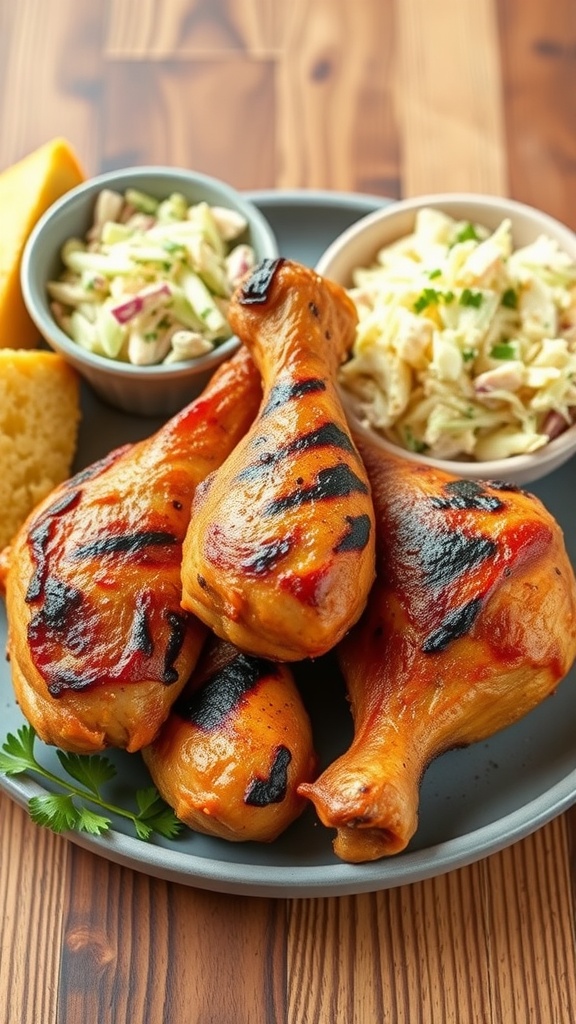 A plate of Classic Southern Fried Chicken Drumsticks served with sides.