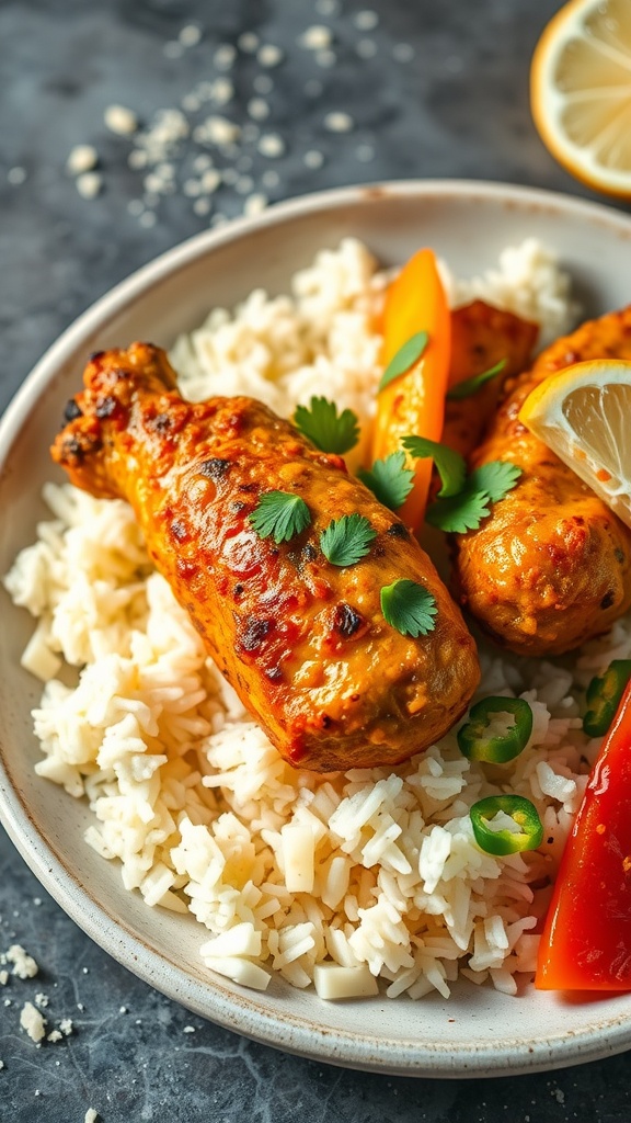 A delicious serving of Coconut Curry Air Fryer Chicken with rice and colorful garnishes.