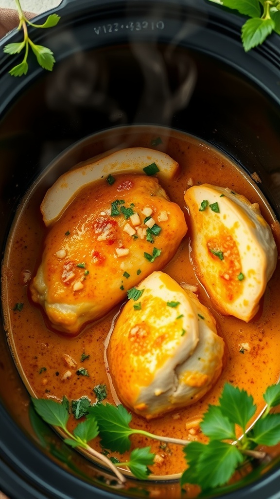A bowl of coconut curry chicken with herbs and spices
