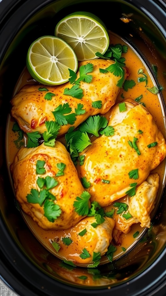 A bowl of Coconut Curry Chicken garnished with cilantro and lime.