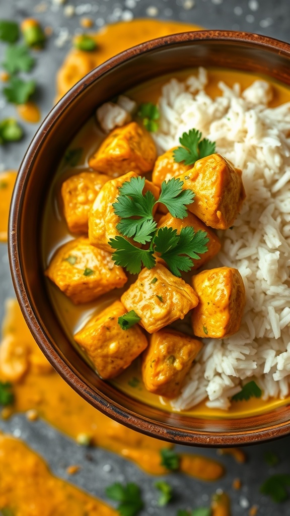 A bowl of coconut curry chicken served over rice with a sprinkle of cilantro.