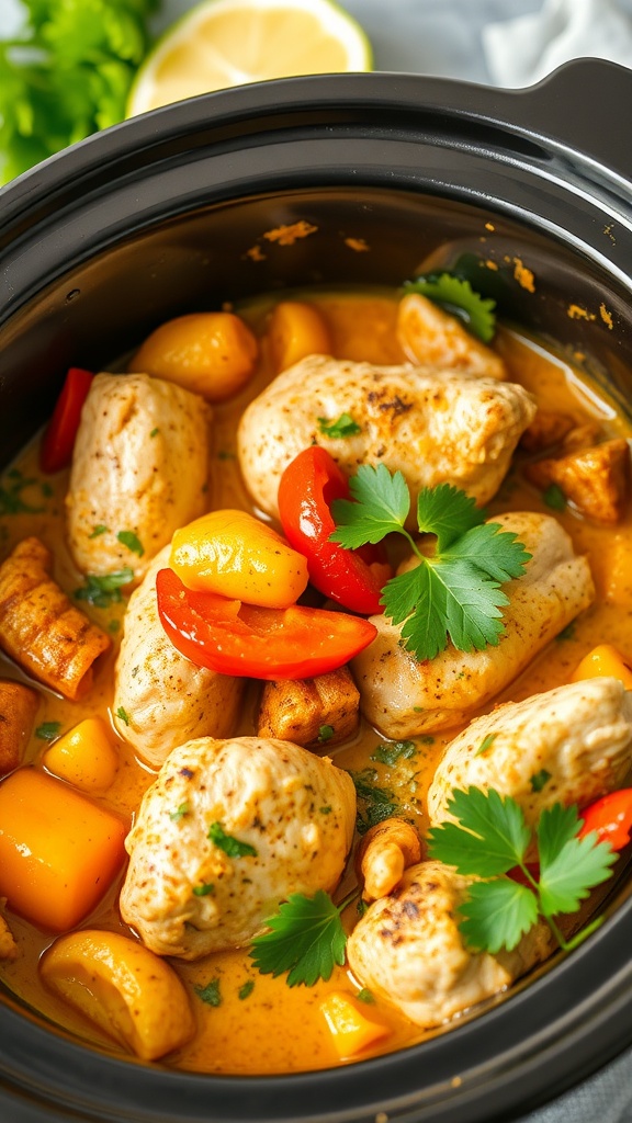 A bowl of coconut curry chicken with vegetables and cilantro.