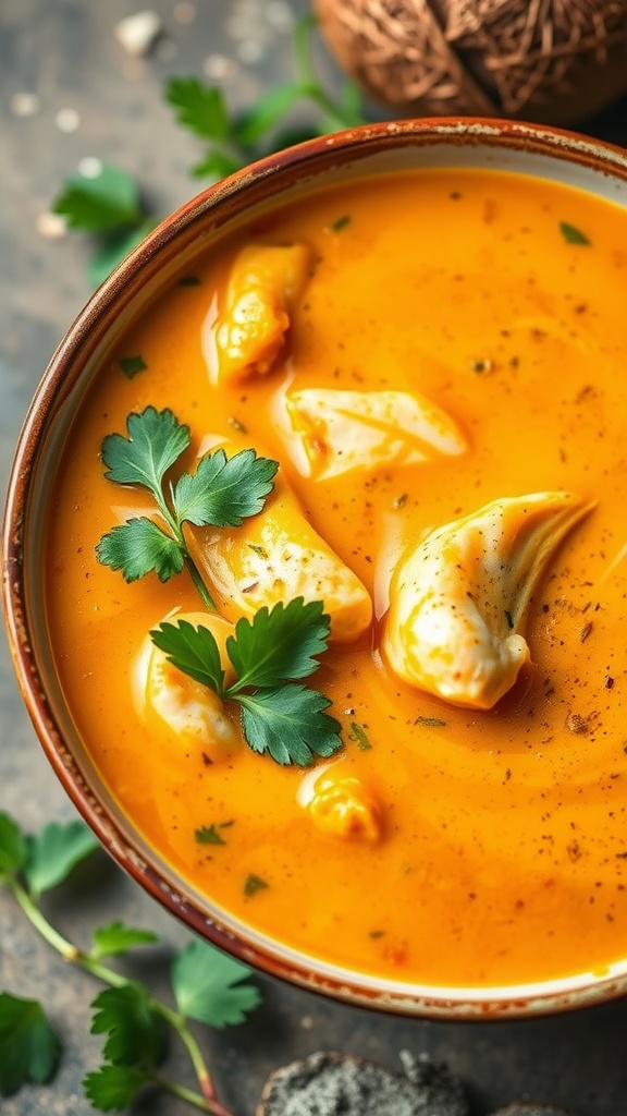 A bowl of creamy coconut curry chicken soup garnished with cilantro.
