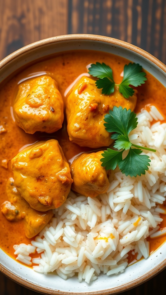 A bowl of coconut curry chicken thighs served over rice