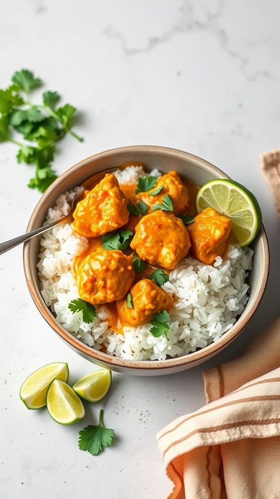 A bowl of Coconut Curry Chicken Thighs served over rice with lime wedges and cilantro.
