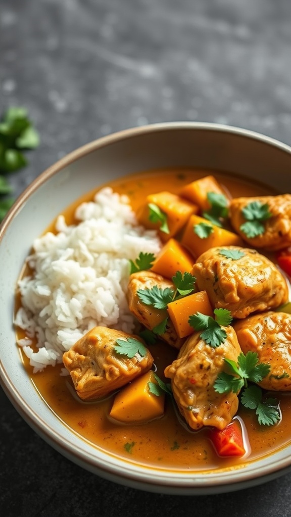 A bowl of coconut curry chicken thighs with rice and vegetables.