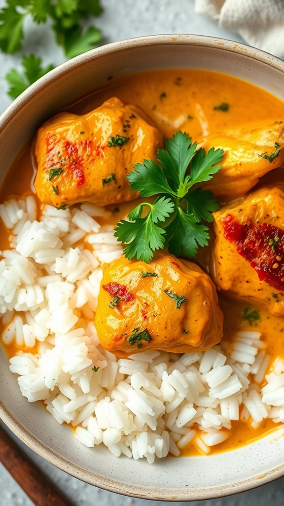 A bowl of coconut curry chicken thighs served with rice and garnished with cilantro