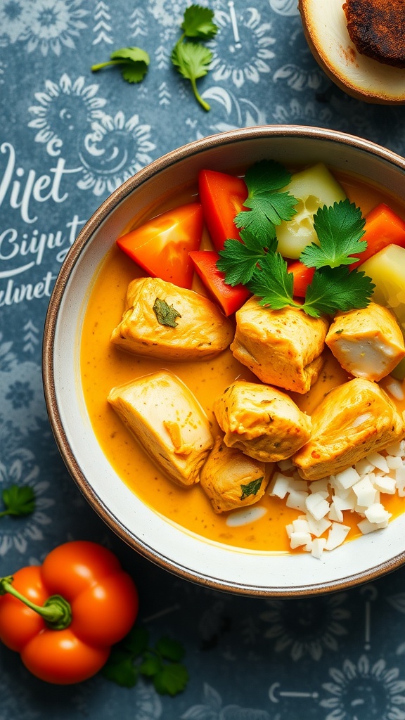 A bowl of coconut curry chicken with fresh vegetables served on rice