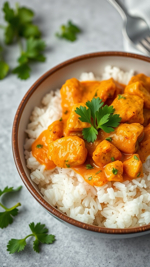A bowl of coconut curry chicken served over jasmine rice, garnished with cilantro.