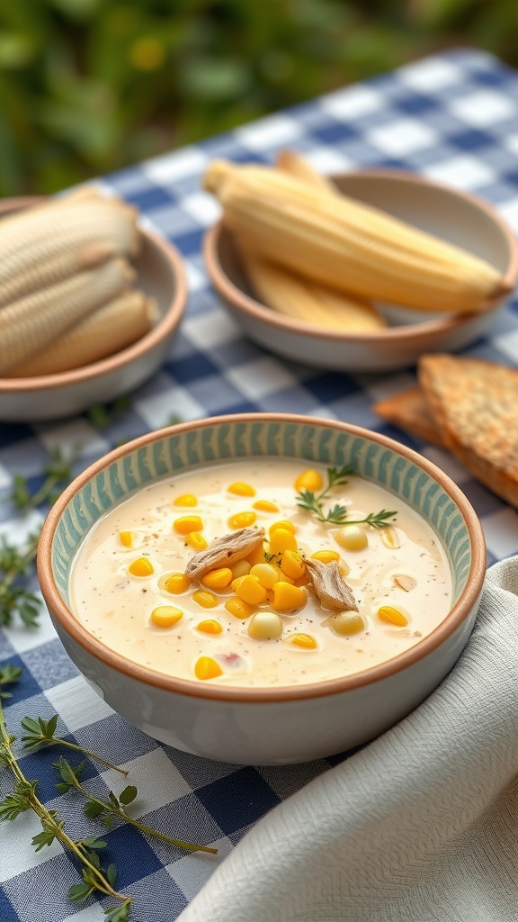 A bowl of corn and chicken chowder garnished with corn and herbs.