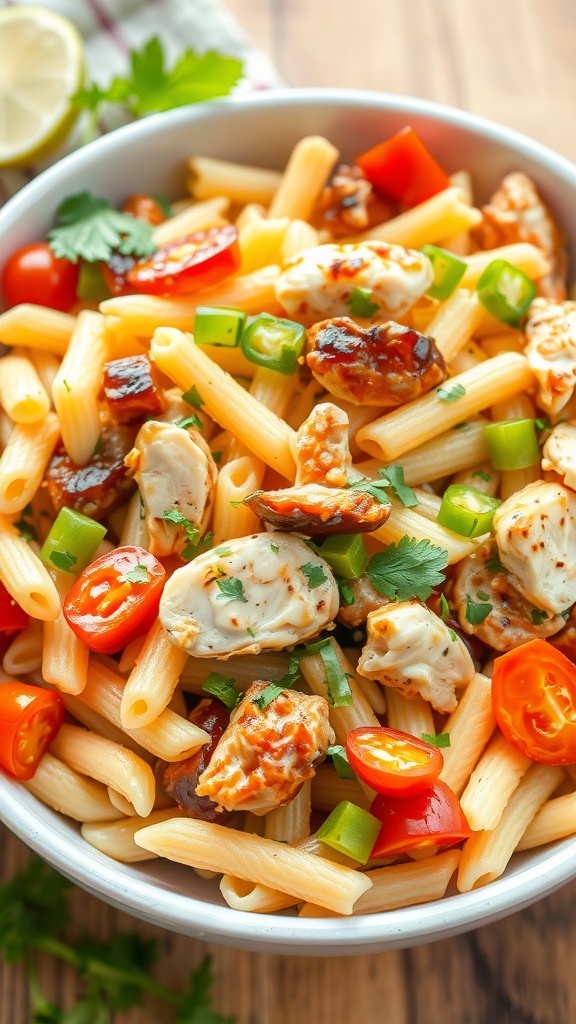 A bowl of Creamy BBQ Chicken Pasta Salad filled with colorful ingredients.