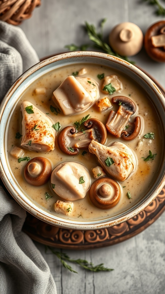 A bowl of creamy chicken and mushroom stew garnished with herbs.