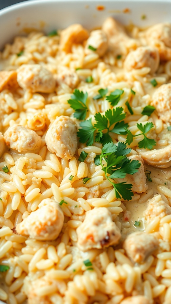 Creamy chicken and rice casserole with parsley garnish