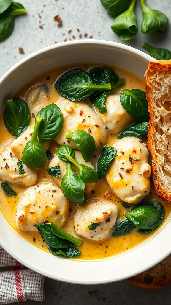 A bowl of creamy garlic chicken and spinach with bread on the side.