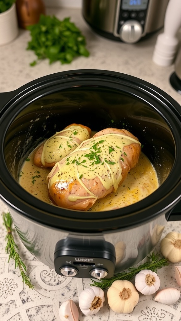 Creamy Garlic Parmesan Chicken in a slow cooker with parsley garnish