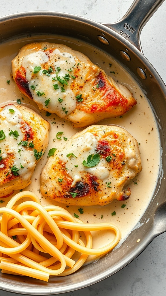 Creamy Garlic Parmesan Chicken served with pasta