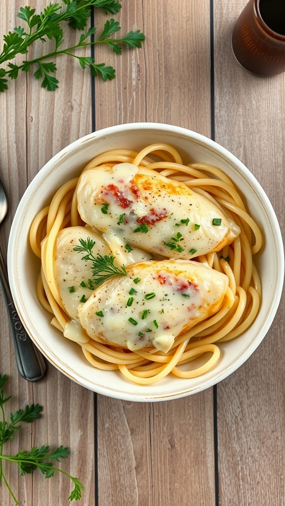 Bowl of creamy garlic Parmesan chicken with pasta and herbs