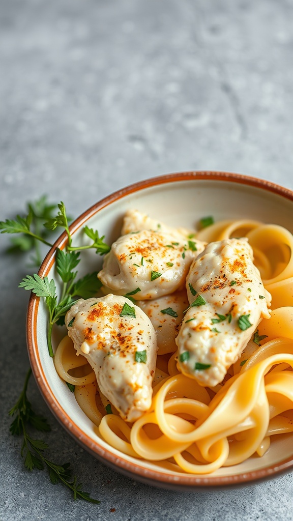 A bowl of creamy garlic parmesan chicken served over fettuccine pasta.