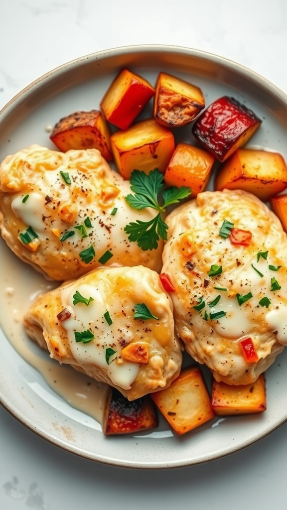Creamy Garlic Parmesan Chicken Thighs with roasted vegetables