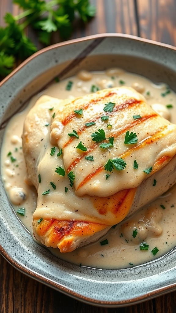 Creamy Garlic Parmesan Chicken Thighs served in a bowl