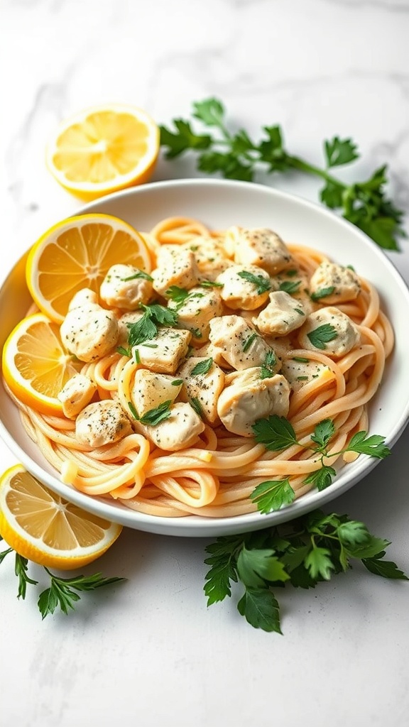 A bowl of creamy lemon chicken pasta garnished with lemon slices and parsley.