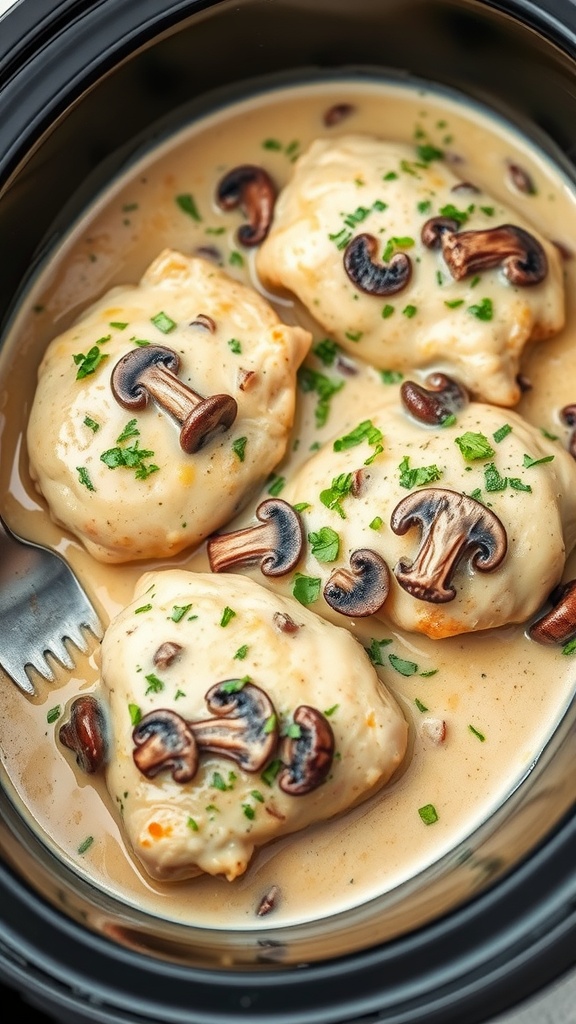 Creamy mushroom chicken dish in a slow cooker
