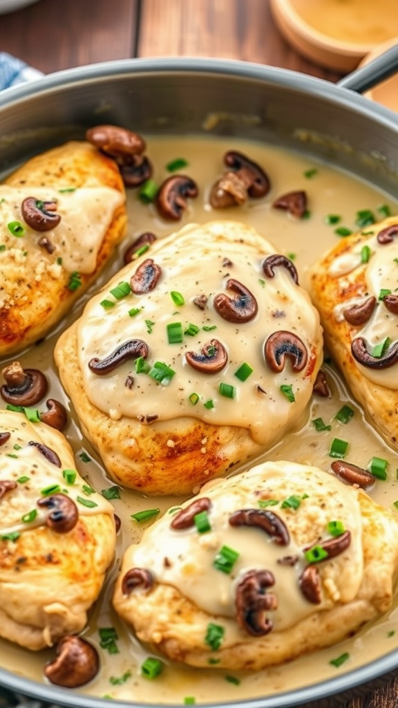 Creamy mushroom chicken thighs with herbs in a skillet.