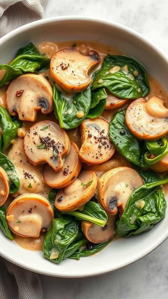 A creamy mushroom chicken dish with spinach