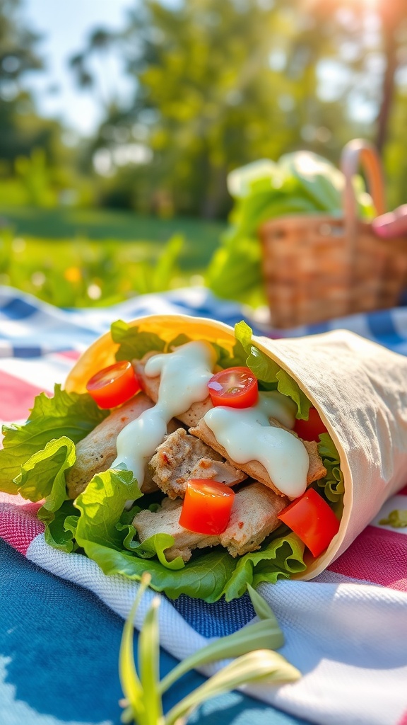 A fresh creamy ranch chicken wrap filled with grilled chicken, lettuce, and tomatoes, perfect for summer days.