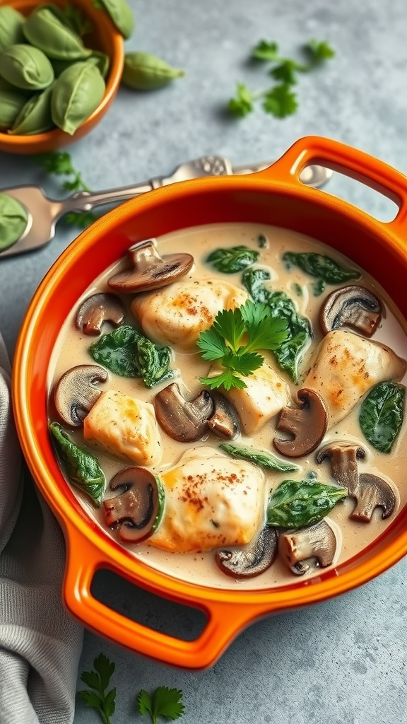 Creamy spinach and mushroom bake in a vibrant orange dish.