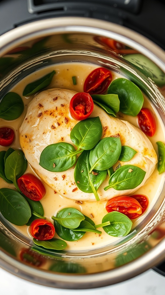A delicious plate of creamy Tuscan chicken with spinach and tomatoes.