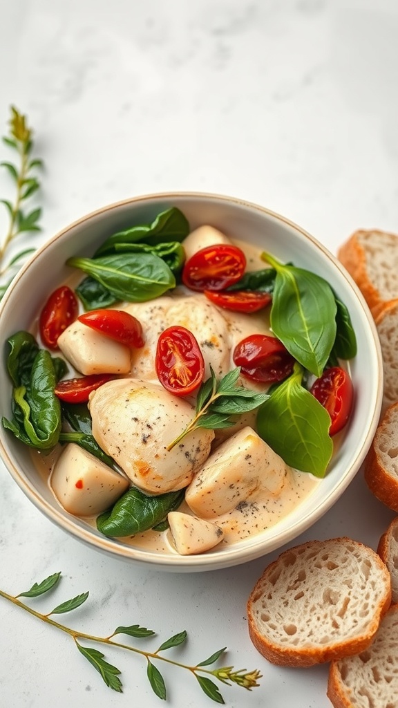 Bowl of creamy Tuscan chicken with spinach and cherry tomatoes, served with bread