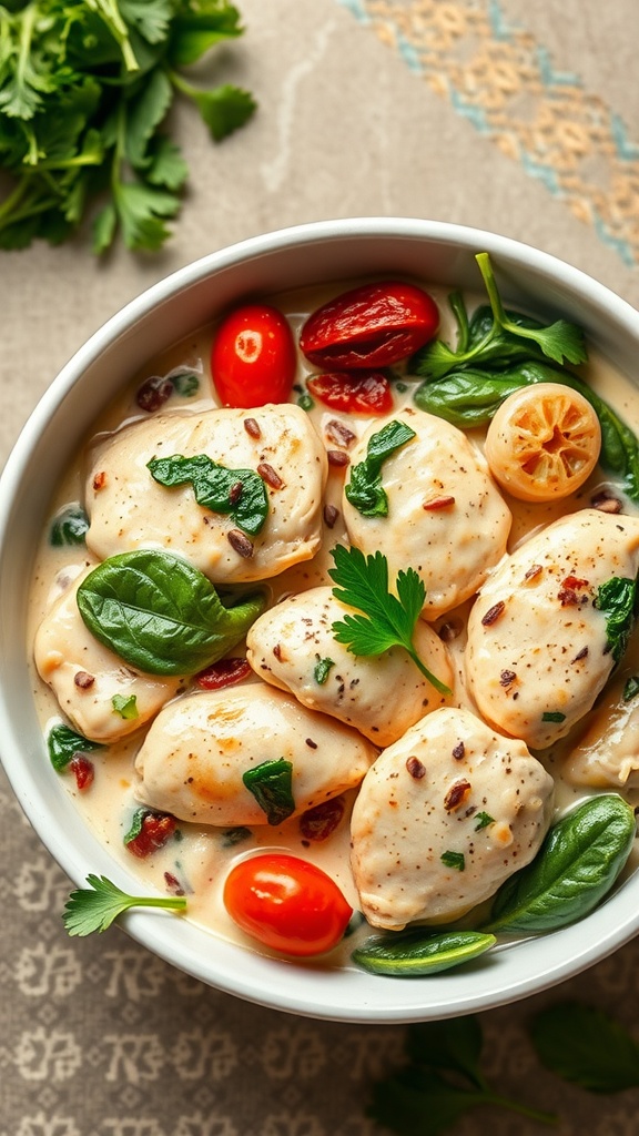 Creamy Tuscan Chicken dish with spinach and tomatoes in a bowl.