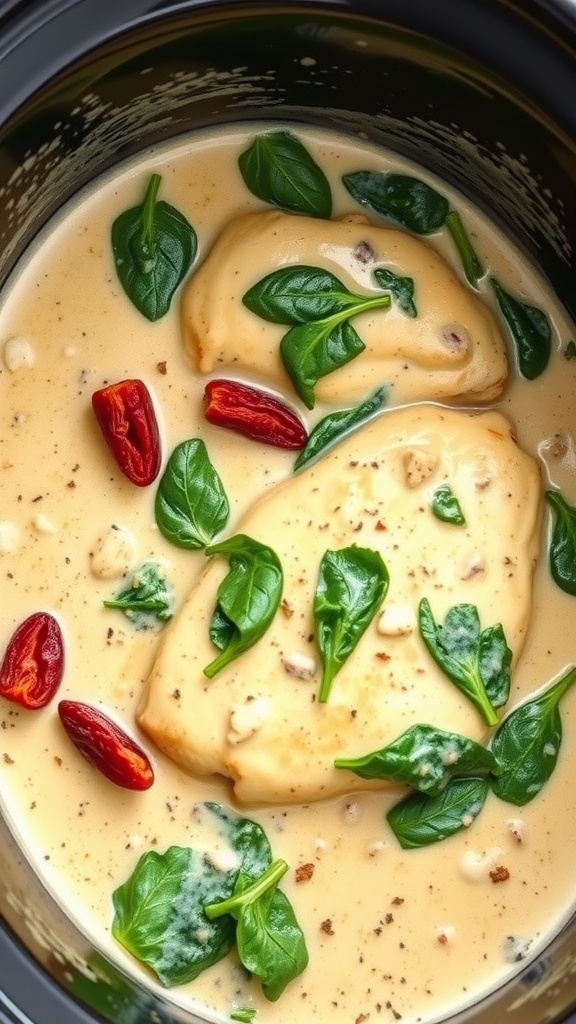 A bowl of creamy Tuscan chicken with spinach and sun-dried tomatoes.