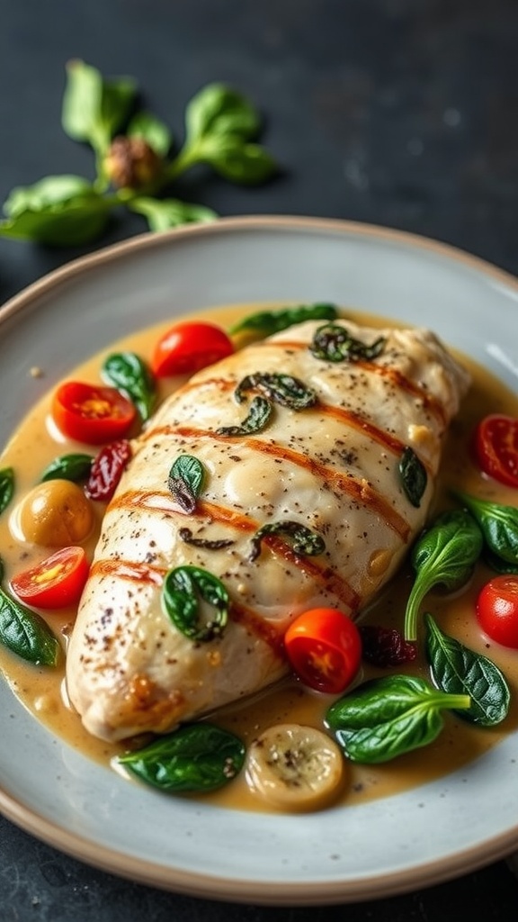 A plate of creamy Tuscan chicken with chicken breast, spinach, and cherry tomatoes in a creamy sauce.