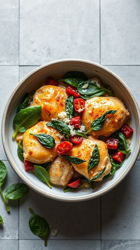 Bowl of creamy Tuscan chicken thighs with spinach and cherry tomatoes