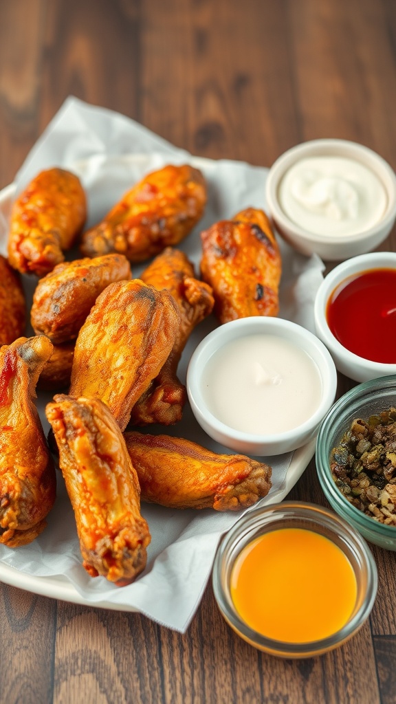 A plate of crispy chicken wings with various dipping sauces.