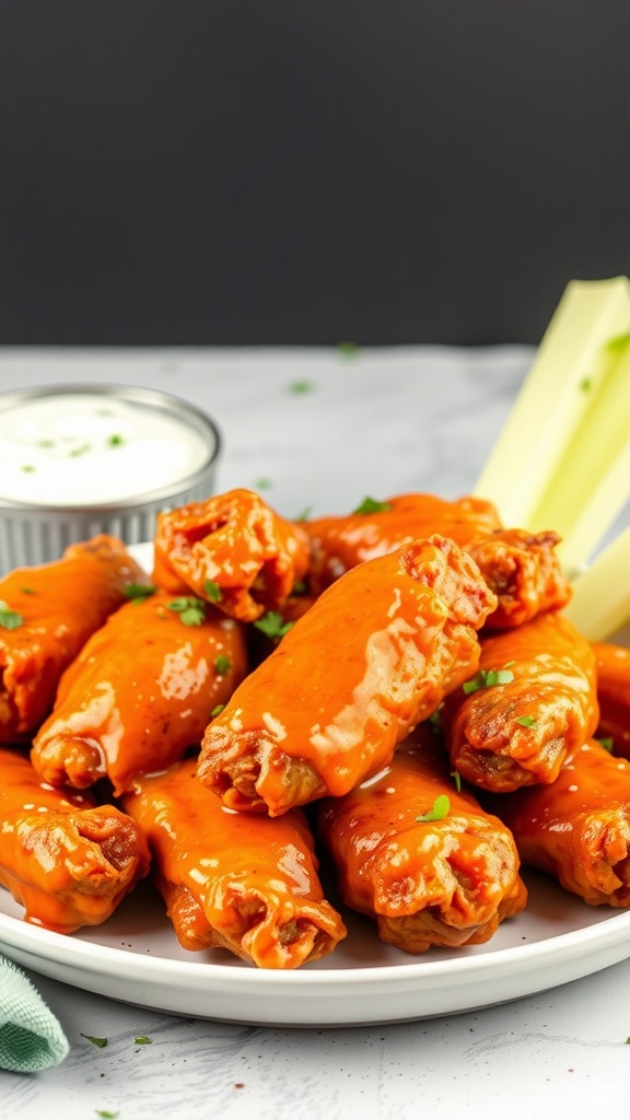 A plate of crispy baked buffalo chicken wings served with celery and dipping sauce.
