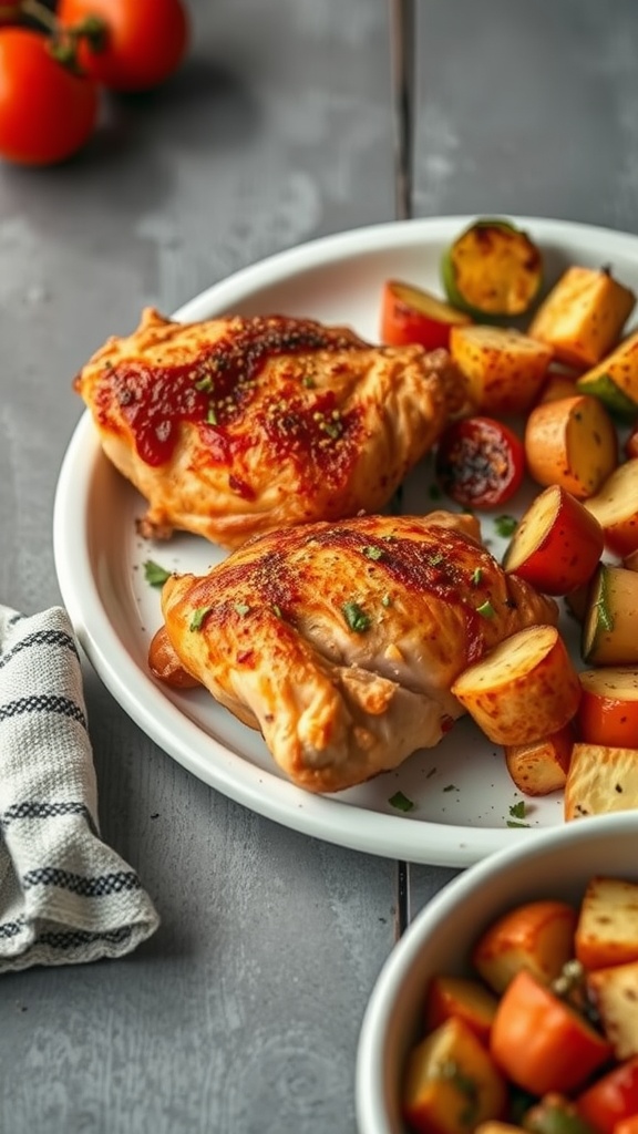 Crispy baked chicken thighs served with roasted vegetables on a plate.
