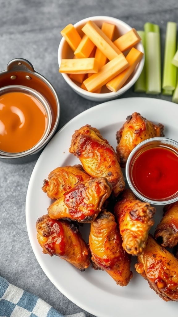 A plate of crispy baked chicken wings served with dipping sauces and celery sticks.