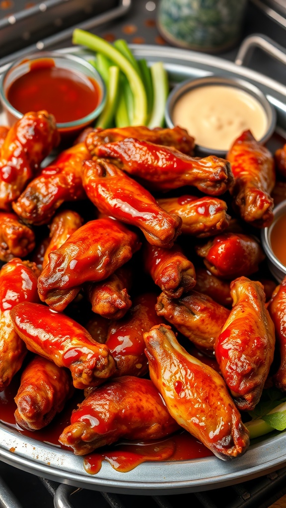 A platter of crispy chicken wings drenched in smoky BBQ sauce, surrounded by dipping sauces and celery sticks.